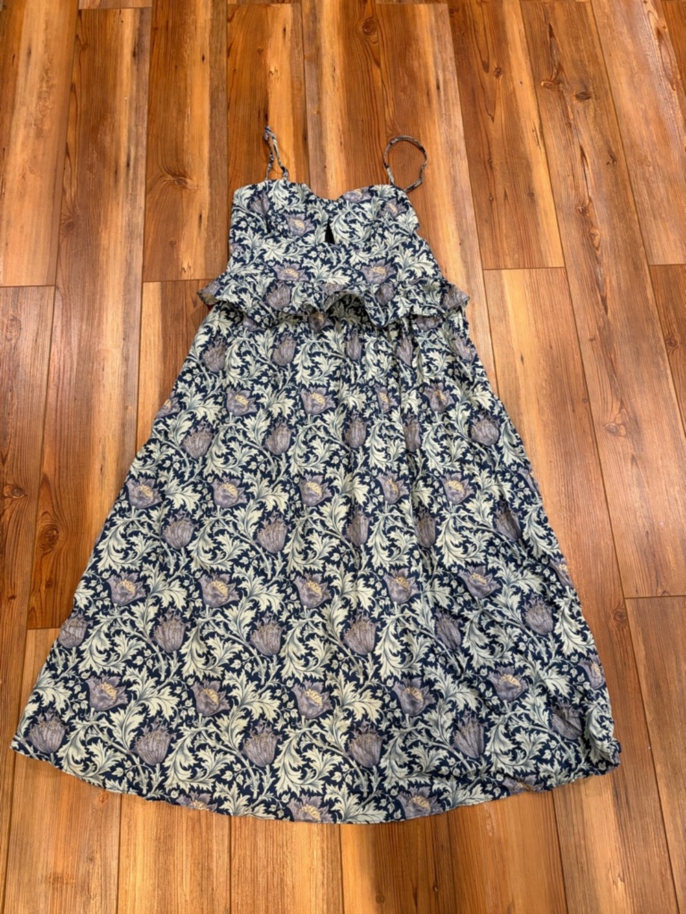 Navy and Cream Floral Maxi Dress with Ruffle Bodice